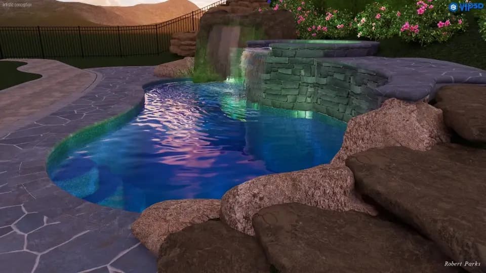 3D pool design rendering produced for a Charlotte-area quote, view 1