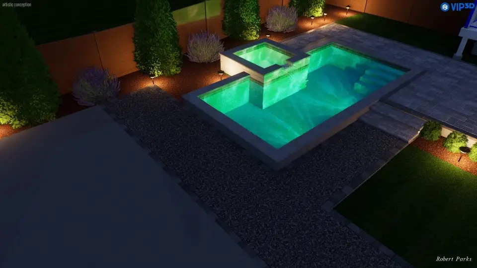 3D pool design rendering produced for a Charlotte-area quote, view 2