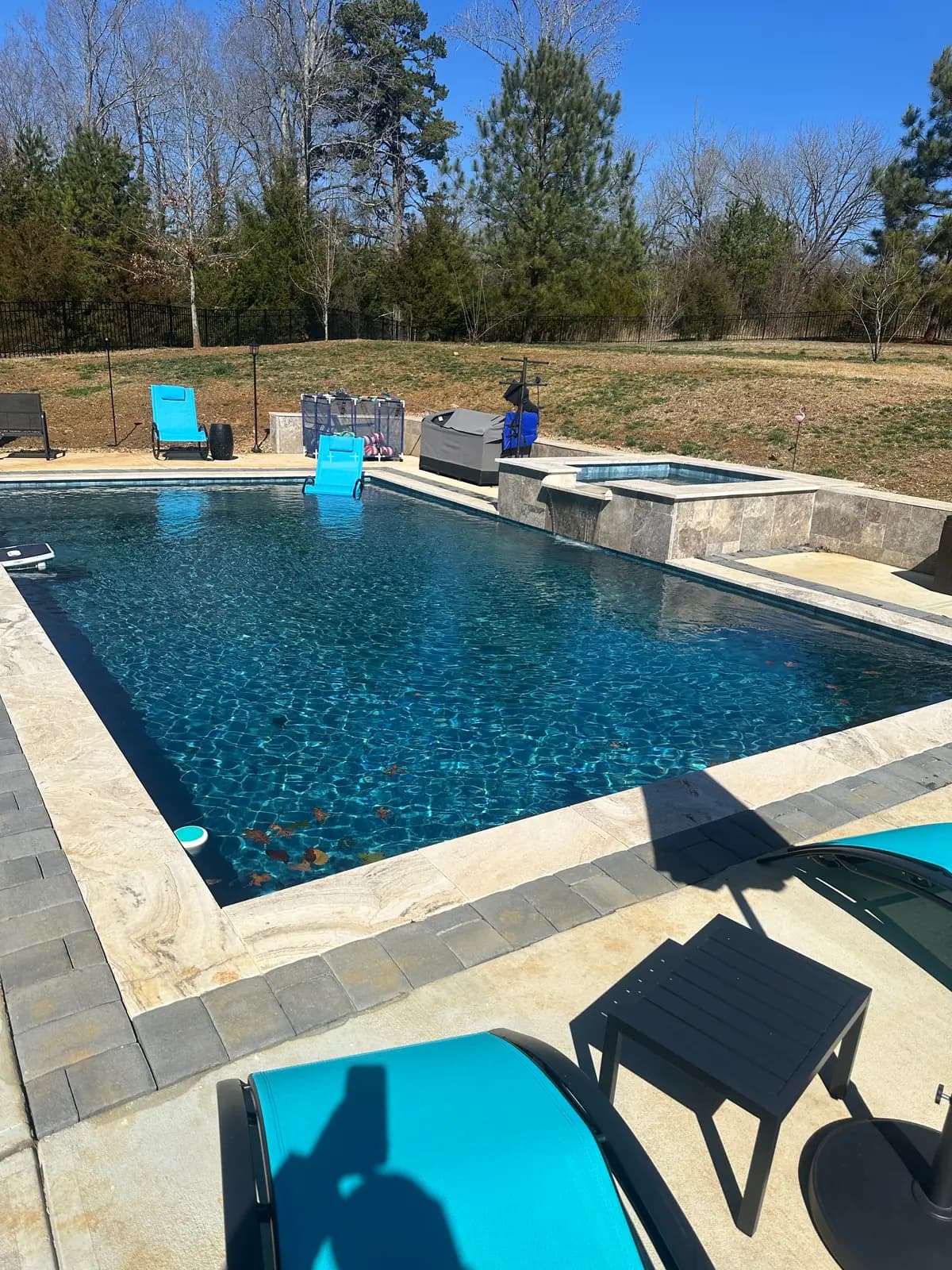 Gunite pool and spa with drainage work in Lake Wylie, SC built by Aqua Pools & Outdoor Living