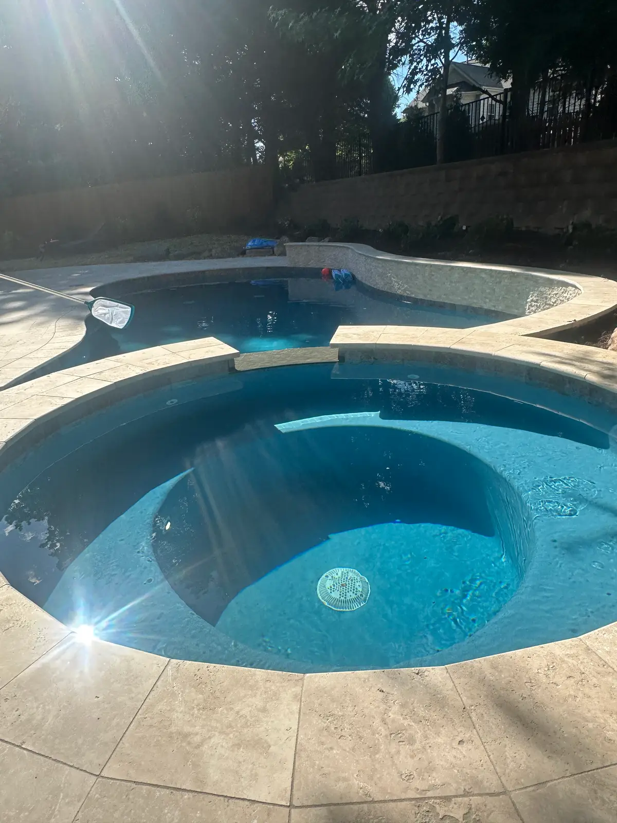 Gunite pool and spa with outdoor lighting in Charlotte, NC, view 8