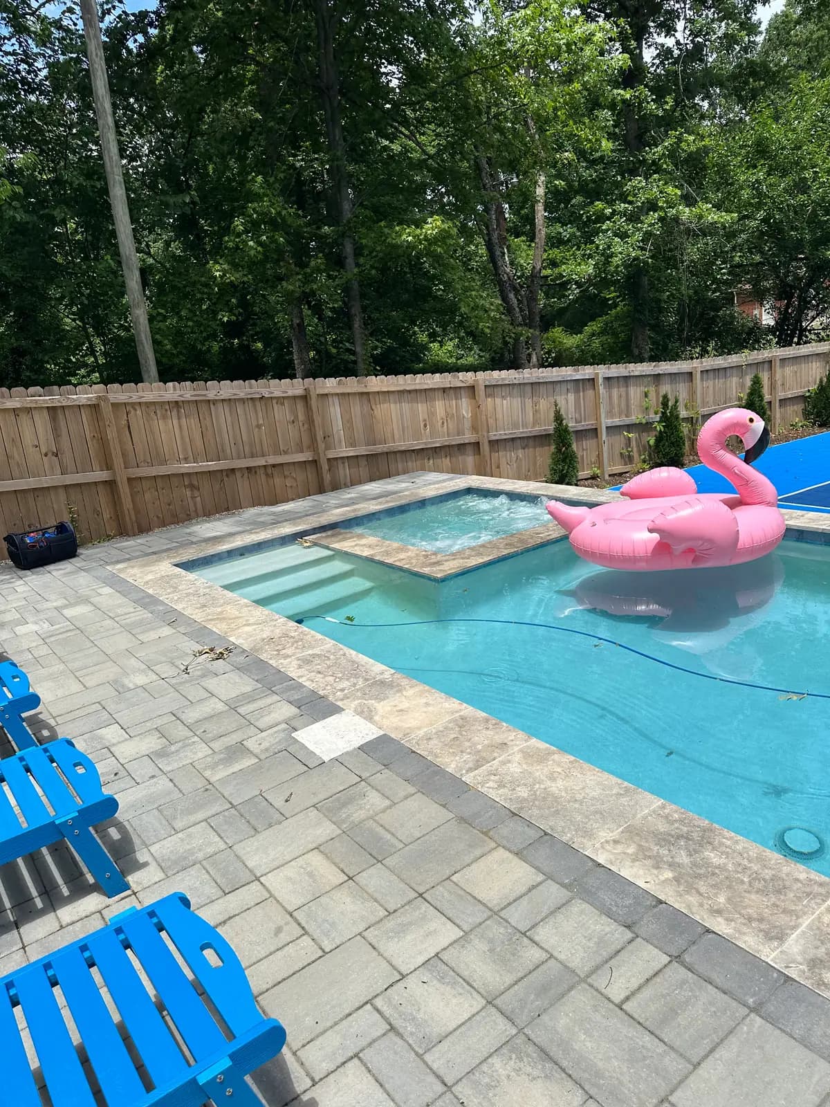 Gunite pool and spa with a sport court in Plaza Shamrock, NC, view 3