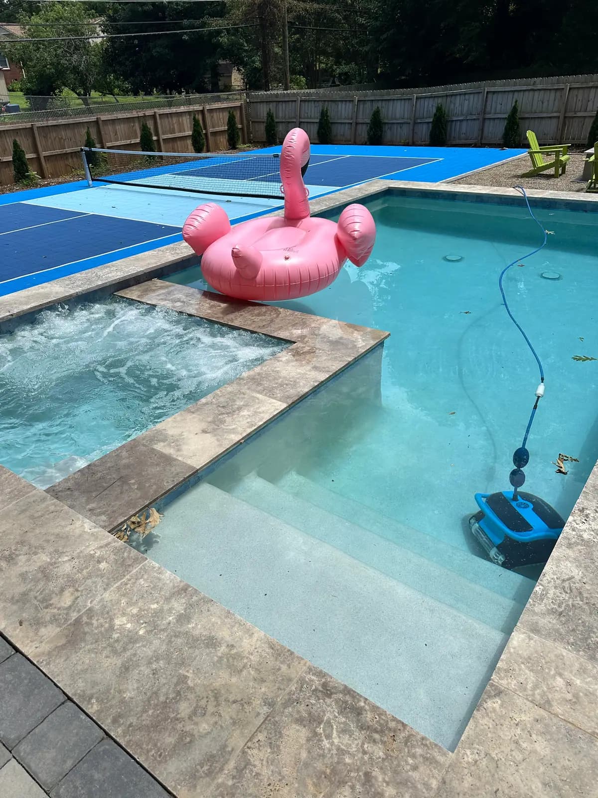 Gunite pool and spa with a sport court in Plaza Shamrock, NC, view 5