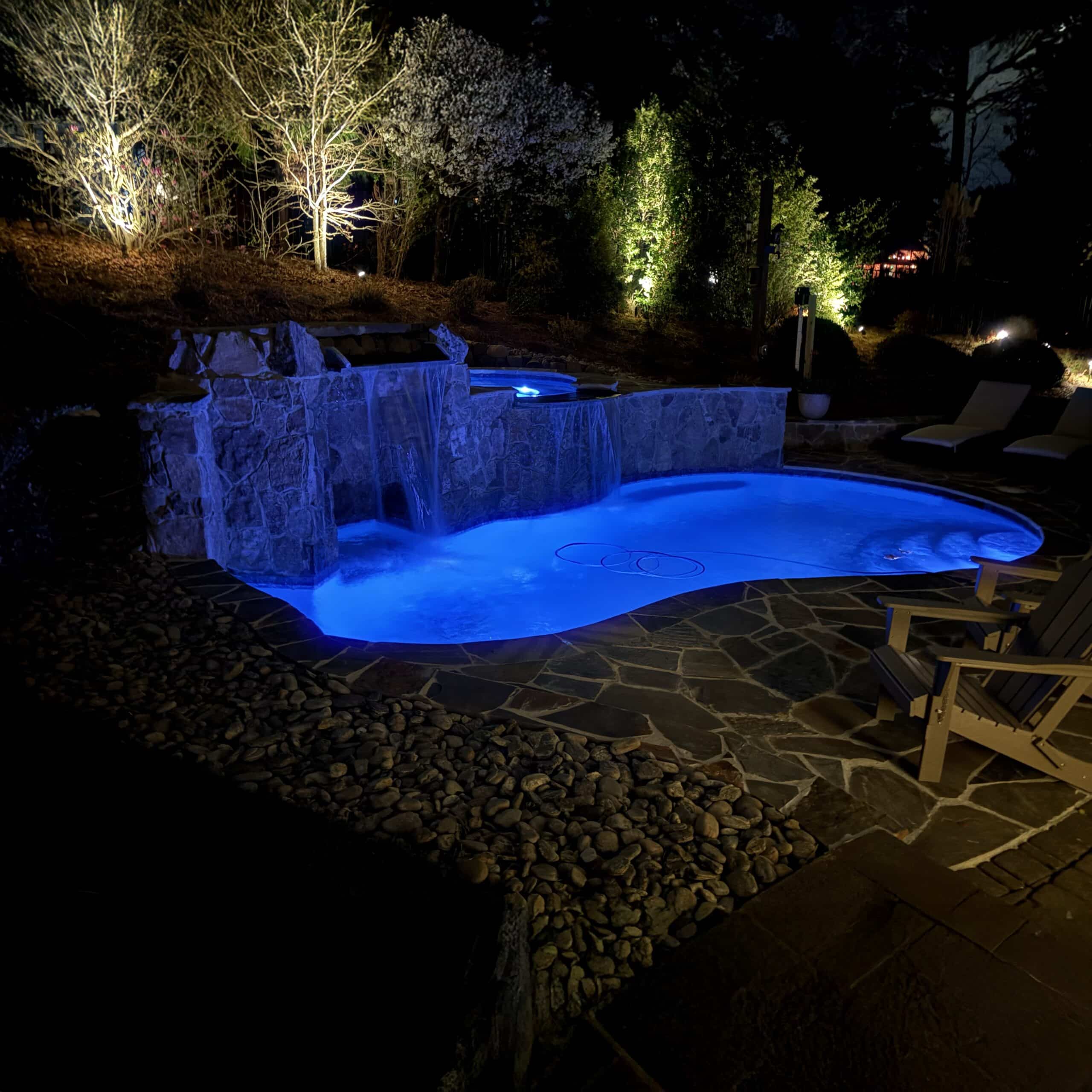 Completed plunge pool with LED lighting at night - Charlotte NC pool builder Aqua Pools